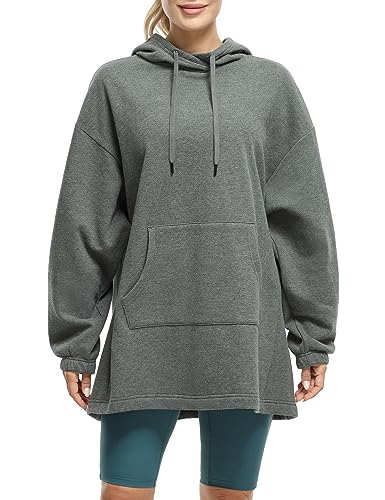 icyzone Damen Lang Oversize Hoodie Fleece Kapuzenpullover Casual Sweatshirt mit Kängurutasche (Charcoal, S) von icyzone