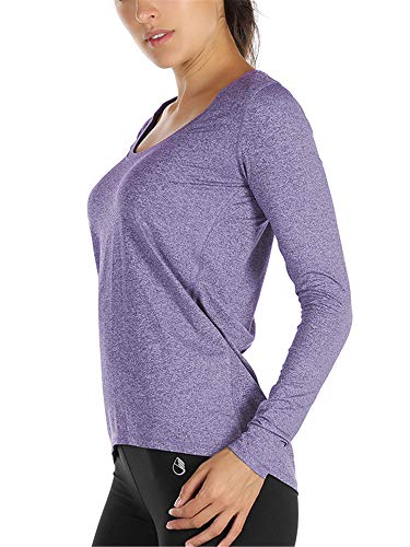 icyzone Damen Laufshirt Langarm Sport Shirt Atmungsaktive Langarmshirt Fitness Top Oberteil mit Daumenloch (XL, Lavendel) von icyzone