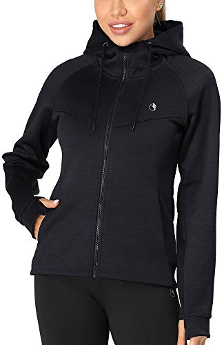 icyzone Damen Sportjacke Laufjacke voll Zip Trainingsjacke mit Kapuze, Fitness Hoodie Langarm Shirt im Winter (S, Dunkel Blau) von icyzone