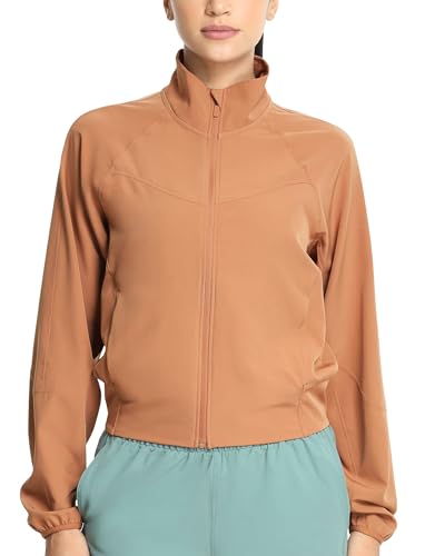 icyzone Damen Laufjacke UPF 50+ Sonnenschutz Full Zip Sportjacke Running Wandern Outdoor Jacke mit Taschen (Coral Peach, XL) von icyzone