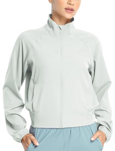 icyzone Damen Laufjacke UPF 50+ Sonnenschutz Full Zip Sportjacke Running Wandern Outdoor Jacke mit Taschen (Ice Flow, M) von icyzone