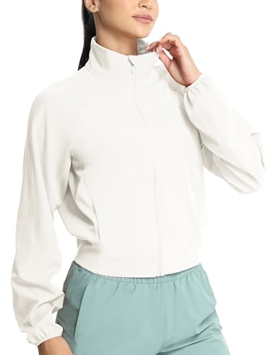icyzone Damen Laufjacke UPF 50+ Sonnenschutz Full Zip Sportjacke Running Wandern Outdoor Jacke mit Taschen (White, L) von icyzone