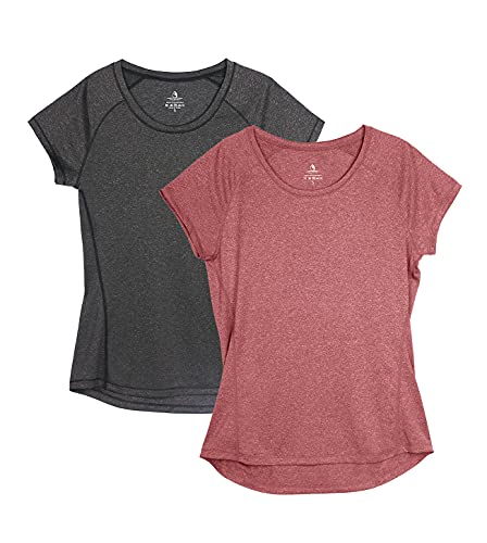 icyzone Damen Fitness Sport T-Shirt Kurzarm Laufshirt Gym Training Funktion Shirt, 2er-Pack (S, Schwarz/Weinrot) von icyzone