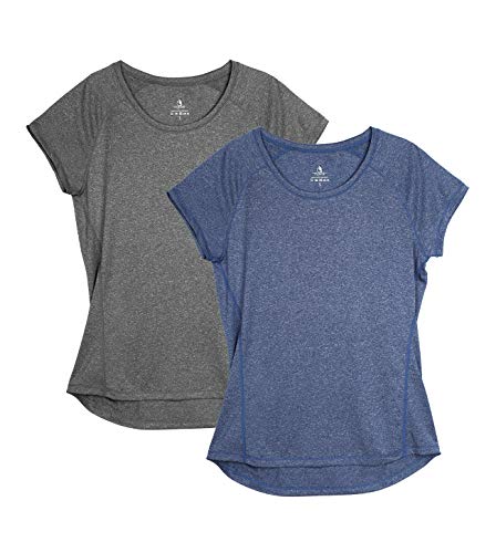 icyzone Damen Fitness Sport T-Shirt Kurzarm Laufshirt Gym Training Funktion Shirt, 2er-Pack (S, Grau/Blau) von icyzone