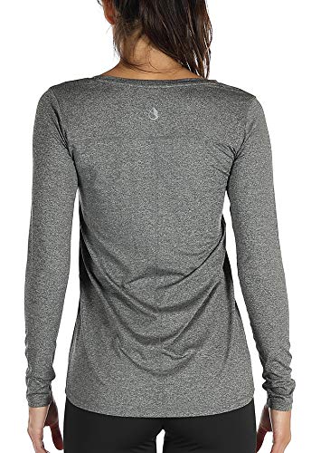 icyzone Damen Laufshirt Langarm Sport Shirt Atmungsaktive Langarmshirt Fitness Top Oberteil mit Daumenloch (L, Dunkelgrau) von icyzone