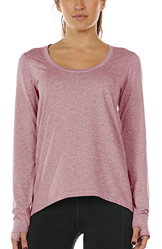 icyzone Damen Laufshirt Langarm Sport Shirt Atmungsaktive Langarmshirt Fitness Top Oberteil mit Daumenloch (L, Dunkelrosa) von icyzone