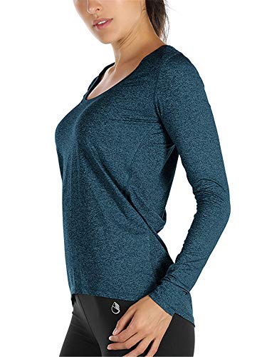 icyzone Damen Laufshirt Langarm Sport Shirt Atmungsaktive Langarmshirt Fitness Top Oberteil mit Daumenloch (L, Navy Blau) von icyzone