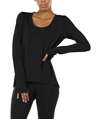 icyzone Damen Laufshirt Langarm Sport Shirt Atmungsaktive Langarmshirt Fitness Top Oberteil mit Daumenloch (L, Schwarz) von icyzone