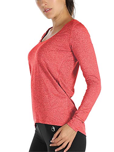 icyzone Damen Laufshirt Langarm Sport Shirt Atmungsaktive Langarmshirt Fitness Top Oberteil mit Daumenloch (S, Orange) von icyzone