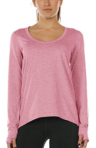 icyzone Damen Laufshirt Langarm Sport Shirt Atmungsaktive Langarmshirt Fitness Top Oberteil mit Daumenloch (XL, Rosa) von icyzone