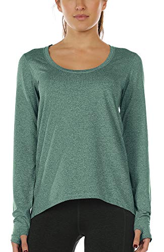 icyzone Damen Laufshirt Langarm Sport Shirt Atmungsaktive Langarmshirt Fitness Top Oberteil mit Daumenloch (L, Dunkelgrün) von icyzone