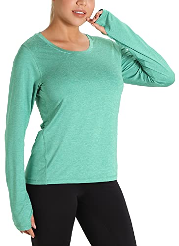 icyzone Damen Laufshirt Langarm Sport Shirt mit Daumenloch Fitness Yoga Oberteil (L, Aqua Green) von icyzone