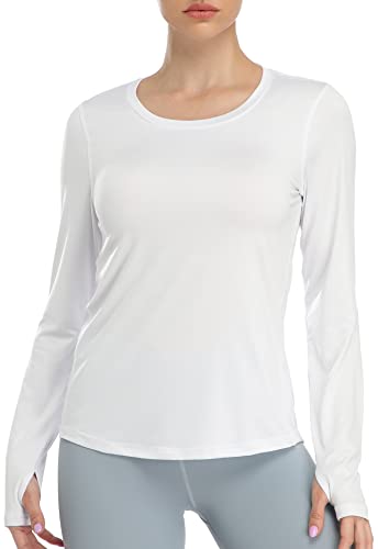 icyzone Damen Laufshirt Langarm Sport Shirt mit Daumenloch Fitness Yoga Oberteil (L, White) von icyzone