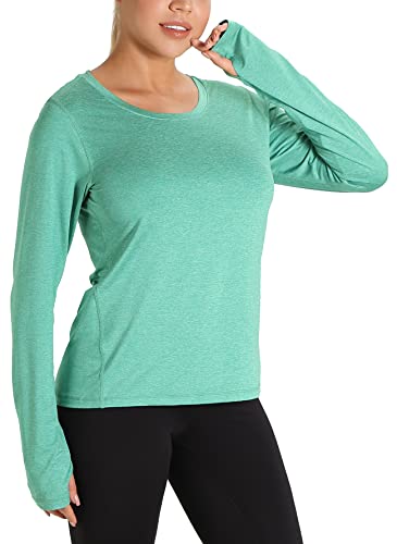 icyzone Damen Laufshirt Langarm Sport Shirt mit Daumenloch Fitness Yoga Oberteil (M, Aqua Green) von icyzone