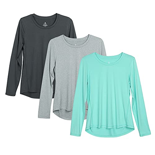 icyzone Damen Sport Shirt Langarm 3er Pack Atmungsaktive Laufshirt Funktionsshirt für Gym Fitness (Black Melange/Grey/Ice Green, XL) von icyzone