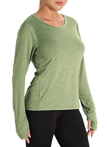 icyzone Damen Laufshirt Langarm Sport Shirt mit Daumenloch Fitness Yoga Oberteil (L, Olive) von icyzone