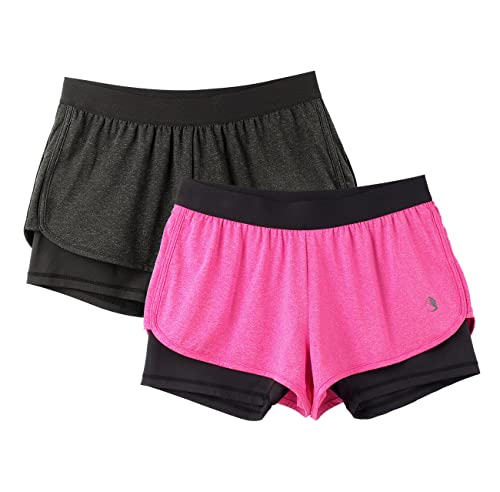 icyzone Damen Laufshorts 2 in 1 Sport Yoga Training Shorts Kurze Sporthose Laufhose, 2er Pack (Black/Blossom Pink, L) von icyzone