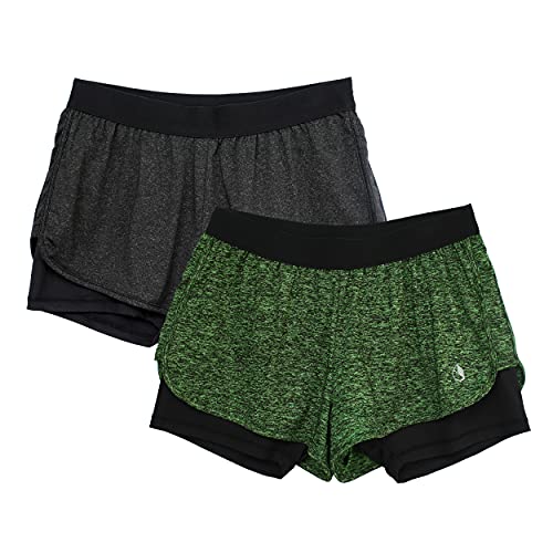 icyzone Damen Laufshorts 2 in 1 Sport Yoga Training Shorts Kurze Sporthose Laufhose, 2er Pack (Black Heather/Green Heather, XL) von icyzone