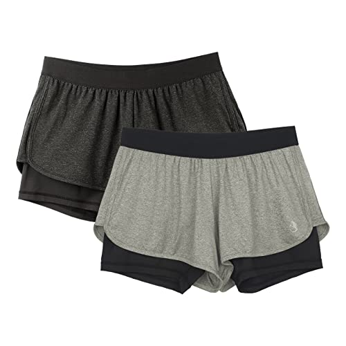icyzone Damen Laufshorts 2 in 1 Sport Yoga Training Shorts Kurze Sporthose Laufhose, 2er Pack (Black Heather/Grey, XL) von icyzone