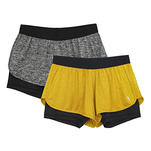 icyzone Damen Laufshorts 2 in 1 Sport Yoga Training Shorts Kurze Sporthose Laufhose, 2er Pack (Charcoal/Mustard, L) von icyzone