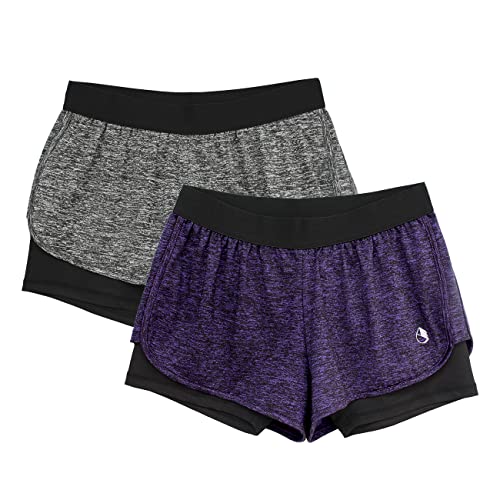 icyzone Damen Laufshorts 2 in 1 Sport Yoga Training Shorts Kurze Sporthose Laufhose, 2er Pack (Charcoal/Purple, S) von icyzone