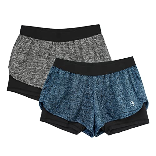 icyzone Damen Laufshorts 2 in 1 Sport Yoga Training Shorts Kurze Sporthose Laufhose, 2er Pack (Charcoal/Royal Blue, S) von icyzone