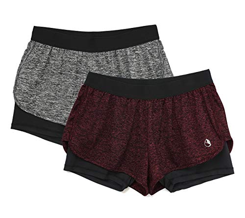 icyzone Damen Laufshorts 2 in 1 Sport Yoga Training Shorts Kurze Sporthose Laufhose, 2er Pack (Charcoal/Wine, XL) von icyzone