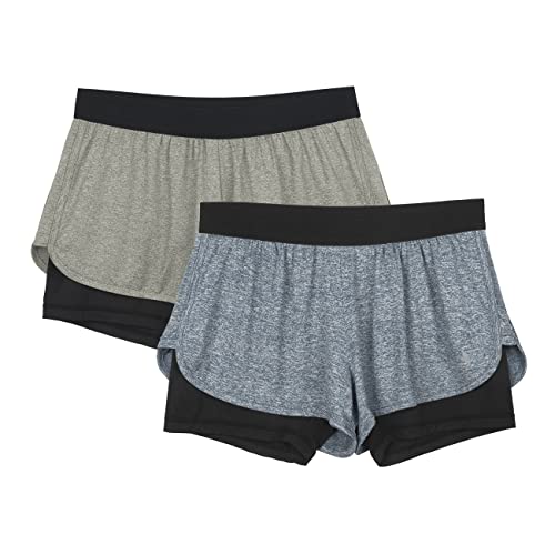 icyzone Damen Laufshorts 2 in 1 Sport Yoga Training Shorts Kurze Sporthose Laufhose, 2er Pack (Grey/Denim, M) von icyzone