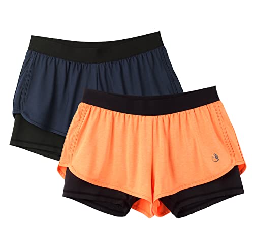 icyzone Damen Laufshorts 2 in 1 Sport Yoga Training Shorts Kurze Sporthose Laufhose, 2er Pack (Ink Blue/Orange, XL) von icyzone