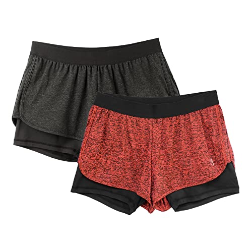 icyzone Damen Laufshorts 2 in 1 Sport Yoga Training Shorts Kurze Sporthose Laufhose, 2er Pack (Black/Red, XL) von icyzone