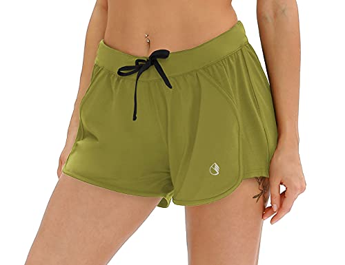 icyzone Damen Laufshorts Sport Hose Kurze Yoga Fitness Gym Shorts (L, Senfgrün) von icyzone