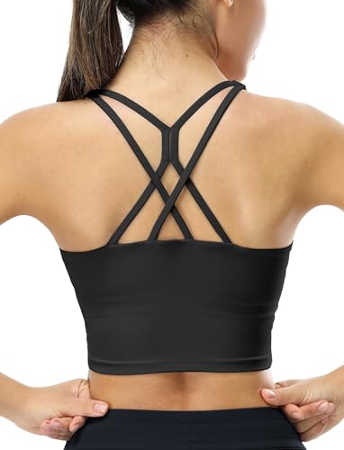 icyzone Damen Longline Sport BH Gepolstert V-Ausschnitt Yoga Crop Top Gekreuzt Rücken Fitness Gym BH (Black, S) von icyzone