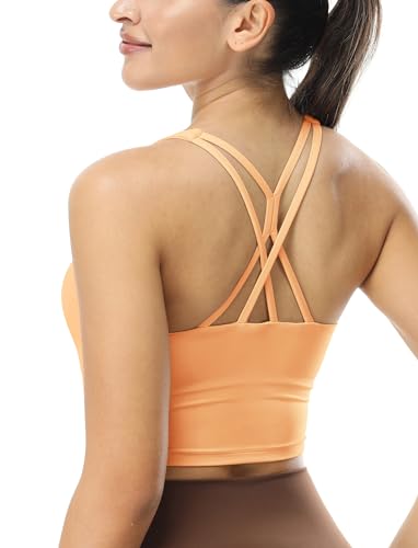 icyzone Damen Longline Sport BH Gepolstert V-Ausschnitt Yoga Crop Top Gekreuzt Rücken Fitness Gym BH (Pale Peach, XL) von icyzone
