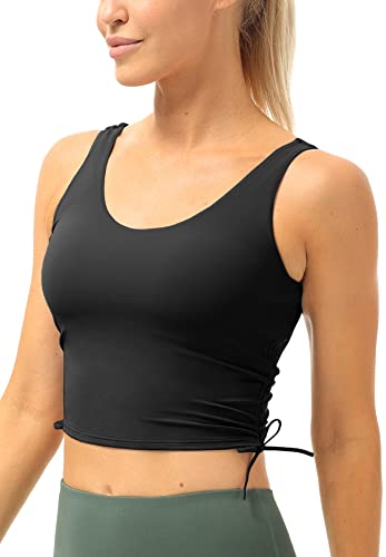 icyzone Damen Longline Sport-BH Gepolsterte Yoga Fitness Crop Top U-Rücken Tank Gym Bra (L, Black) von icyzone