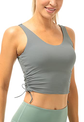 icyzone Damen Longline Sport-BH Gepolsterte Yoga Fitness Crop Top U-Rücken Tank Gym Bra (L, Grey) von icyzone