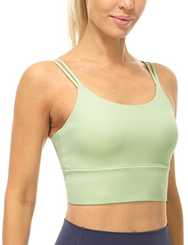 icyzone Damen Longline Sport-BH Gepolsterte Yoga Top Strappy Fitness Bra Gym Crop Tank Tops (L, Pastel Green) von icyzone