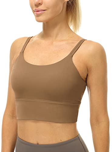 icyzone Damen Longline Sport-BH Gepolsterte Yoga Top Strappy Fitness Bra Gym Crop Tank Tops (M, Cacao) von icyzone