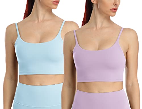 icyzone Damen Longline Sport-BH mit Gepolstert Fitness Yoga Top Strappy Bra, 2er Pack (S, Baby Blue/Orchid Purple) von icyzone