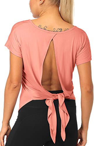 icyzone Damen Rückenfrei Yoga Top Fitness Sport Kurzarm Shirt Oberteil Casual T-Shirt Loose Fit (L, Fusion Coral) von icyzone