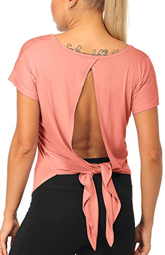 icyzone Damen Rückenfrei Yoga Top Fitness Sport Kurzarm Shirt Oberteil Casual T-Shirt Loose Fit (S, Fusion Coral) von icyzone