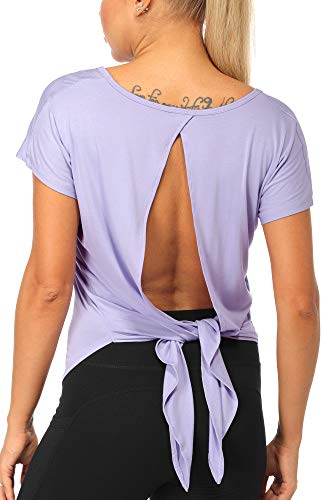 icyzone Damen Rückenfrei Yoga Top Fitness Sport Kurzarm Shirt Oberteil Casual T-Shirt Loose Fit (XL, Lilac) von icyzone