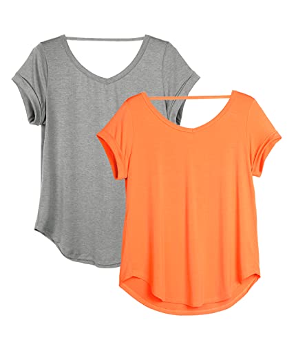 icyzone Damen Rückenfrei Yoga T-Shirt Kurzarm Sport Freizeit Tops Lose V-Ausschnitt Shirt, 2er Pack (L, Grau/Orange) von icyzone