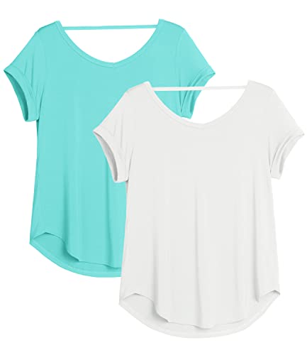 icyzone Damen Rückenfrei Yoga T-Shirt Kurzarm Sport Freizeit Tops Lose V-Ausschnitt Shirt, 2er Pack (L, Hellblau/Weiß) von icyzone
