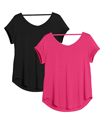 icyzone Damen Rückenfrei Yoga T-Shirt Kurzarm Sport Freizeit Tops Lose V-Ausschnitt Shirt, 2er Pack (L, Schwarz/Pink Lychee) von icyzone