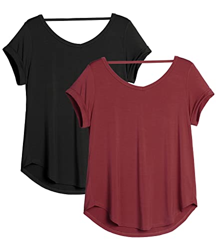 icyzone Damen Rückenfrei Yoga T-Shirt Kurzarm Sport Freizeit Tops Lose V-Ausschnitt Shirt, 2er Pack (L, Schwarz/Weinrot) von icyzone