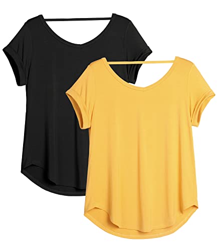 icyzone Damen Rückenfrei Yoga T-Shirt Kurzarm Sport Freizeit Tops Lose V-Ausschnitt Shirt, 2er Pack (M, Schwarz/Gelb) von icyzone