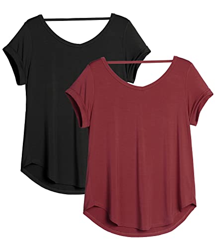 icyzone Damen Rückenfrei Yoga T-Shirt Kurzarm Sport Freizeit Tops Lose V-Ausschnitt Shirt, 2er Pack (S, Schwarz/Weinrot) von icyzone