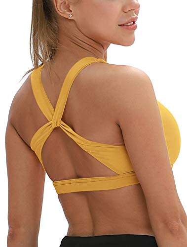 icyzone Damen Sport-BH, Ohne Bügel Gekreuzt Rücken Gepolstert Fitness Yoga Bra (L, Mellow Yellow) von icyzone