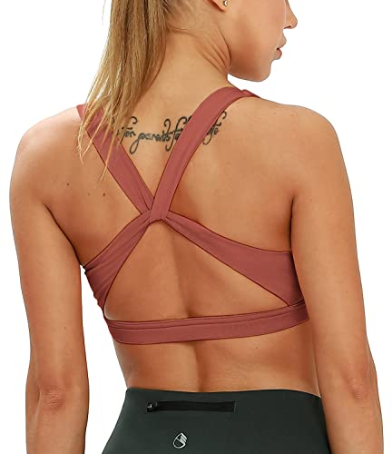 icyzone Damen Sport-BH, Ohne Bügel Gekreuzt Rücken Gepolstert Fitness Yoga Bra (XL, Copper Brown) von icyzone