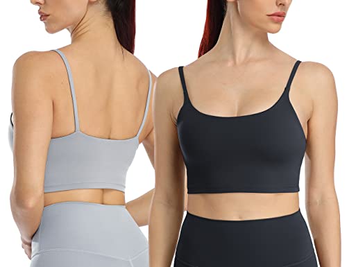 icyzone Damen Sport-BH Camisole Stretch Fitness Crop Top mit BH Gepolstert Yoga Bra, 2er Set (L, Black/Grey) von icyzone